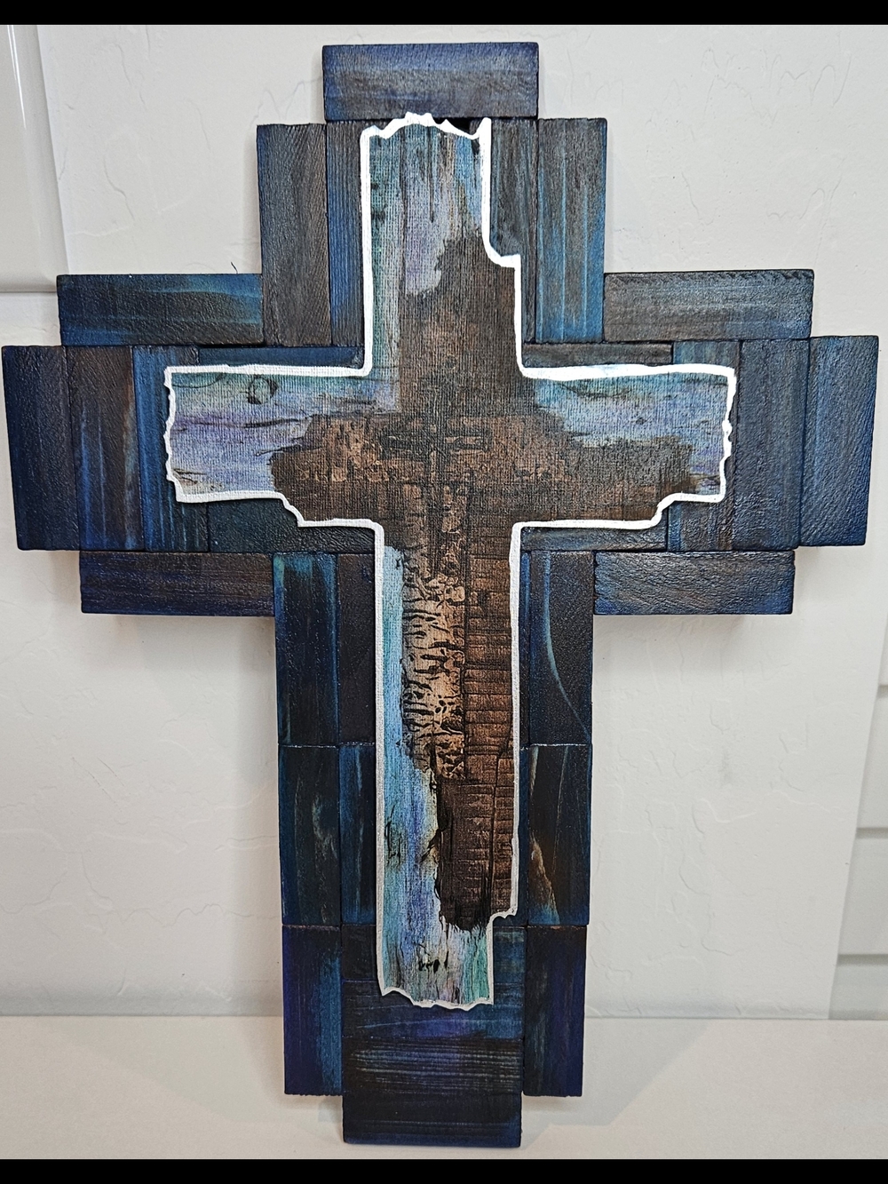 Handcrafted Blue & Brown Wooden Cross Wall Decor - Picture 2 of 10
